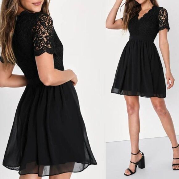 Lulus Women's Party Lace Skater Dress Cocktail Black Medium - Picture 1 of 3